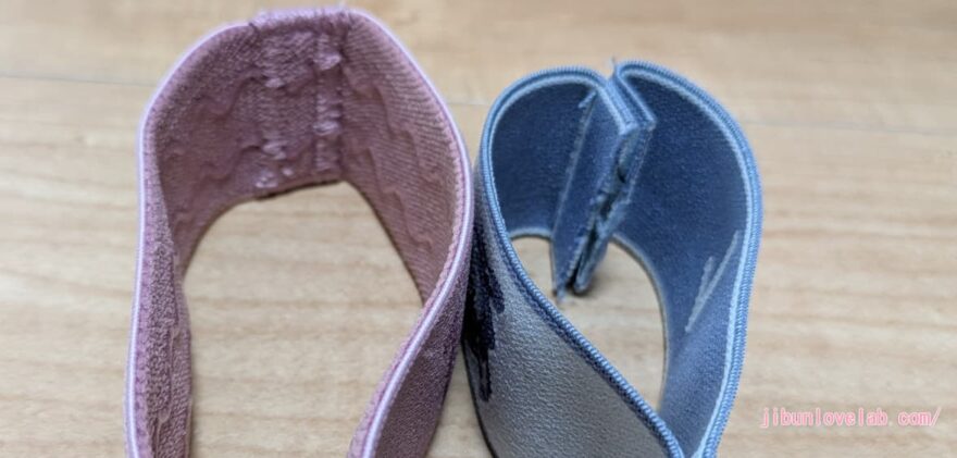 うちヨガのストレッチバンドとAmazon代替品の縫製の丁寧さの違いがかわる写真