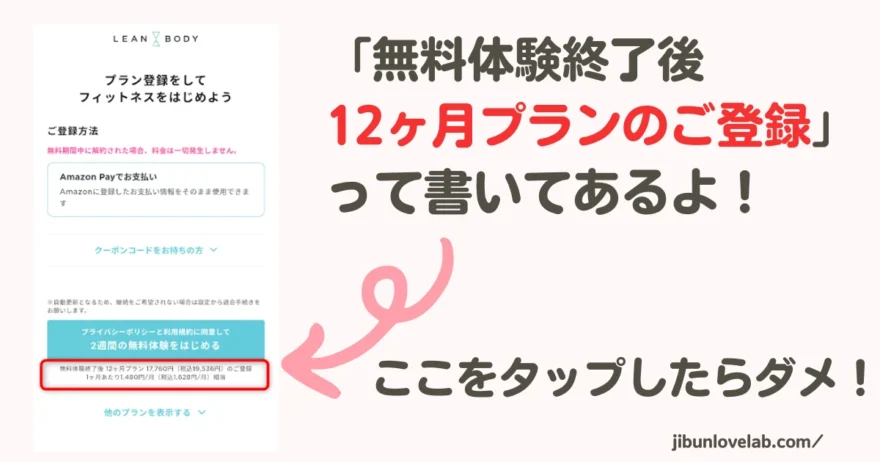 LEAN BODY（リーンボディ）12ヶ月プランでの申し込みボタンの画像