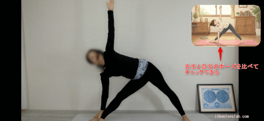 SOELU(ソエル)アーカイブレッスン画面で自分の姿を見てインストラクターと見比べる画像