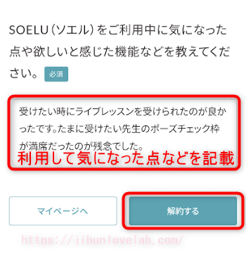 SOELU（ソエル）解約画面（利用中に気になったことや欲しい感じた点の理由記載）