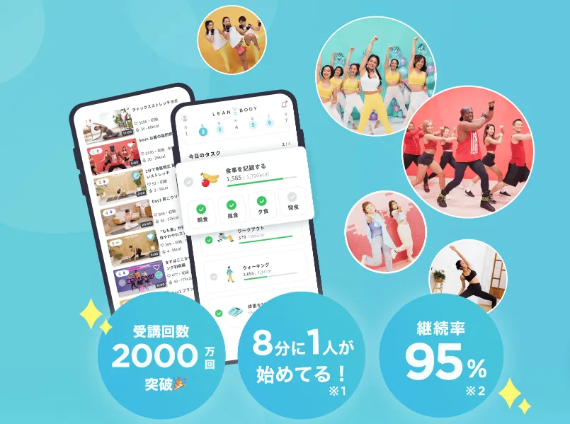 リーンボディアプリの実績を訴求するCTAバナー。受講回数2000万回突破・8分に1人が始めている・継続率95%を紹介