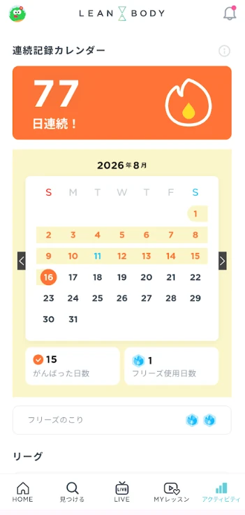 LEAN BODYの連続記録カレンダー。77日連続の表示とがんばった日数・フリーズ使用日数