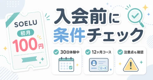 SOELU入会前に条件チェックするアイキャッチ。初月100円・30日体験中・12ヶ月コース・注意点も確認