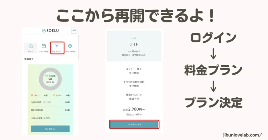 SOELU休会後の再開手順を3ステップで示した図解（ログイン→料金プラン→プラン決定）