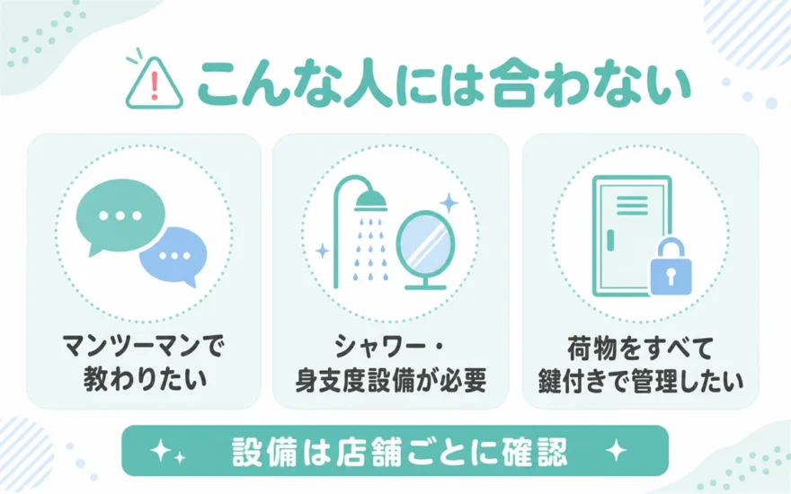 ソエルスタジオが合わない人。マンツーマン希望、シャワーが必要、荷物を鍵付きで管理したい人