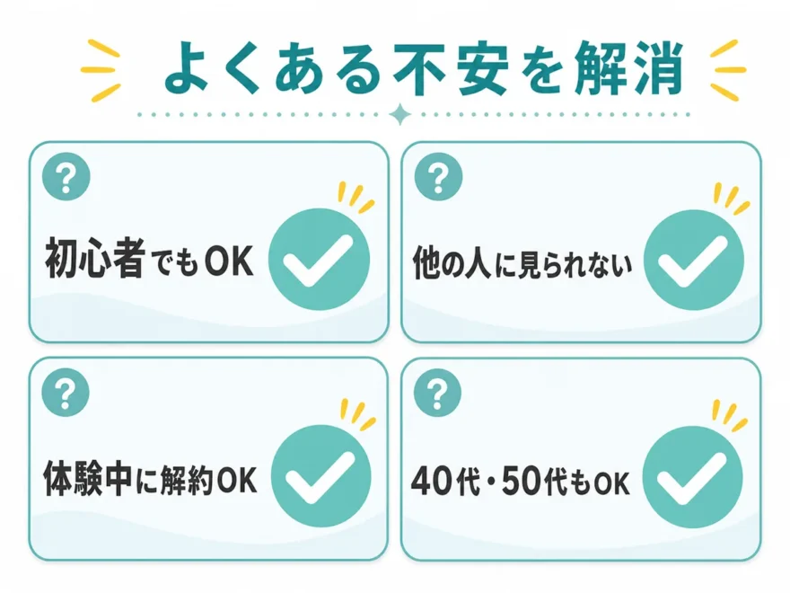 よくある不安の解消。初心者でもOK、他の人に見られない、体験中に解約OK、40代50代もOK