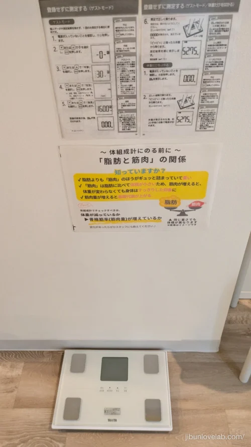 八戸ノ里店にあるタニタの体組成計と使い方の貼り紙