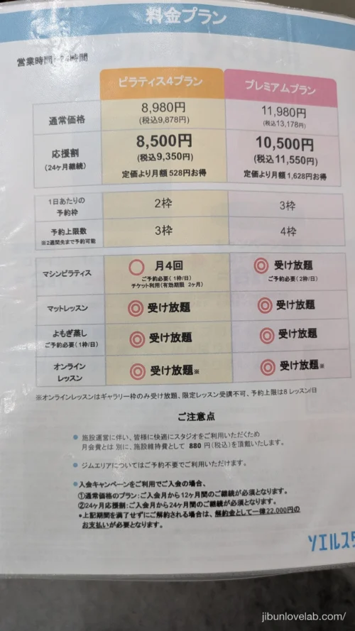 八戸ノ里店の店内に掲示されたピラティス4とプレミアムの料金表