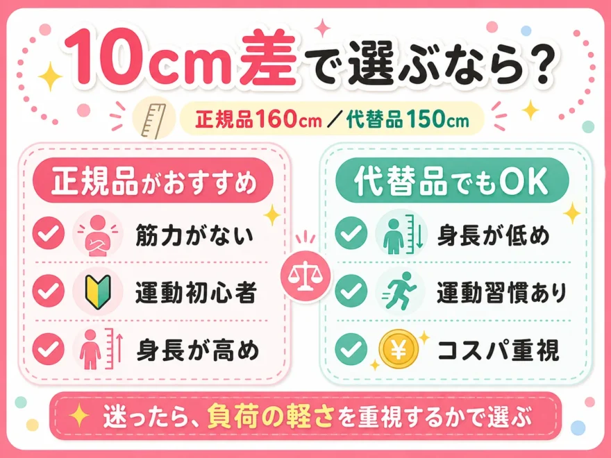 「10cm差で選ぶなら？」として正規品160cmは筋力がない・運動初心者・身長が高めの人におすすめ、代替品150cmは身長が低め・運動習慣あり・コスパ重視の人にOKと比較した図解