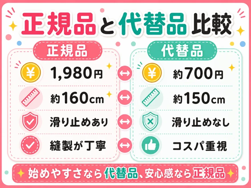 「正規品と代替品比較」として価格・長さ・滑り止めの有無・縫製を比較した図解