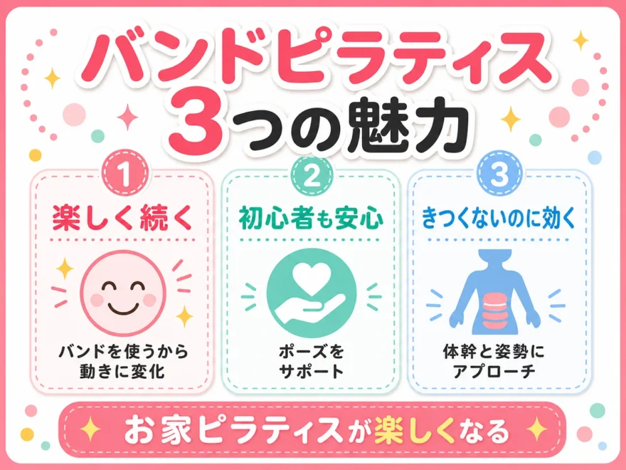 「バンドピラティス3つの魅力」として楽しく続く・初心者も安心・きつくないのに効くの3点をまとめた図解
