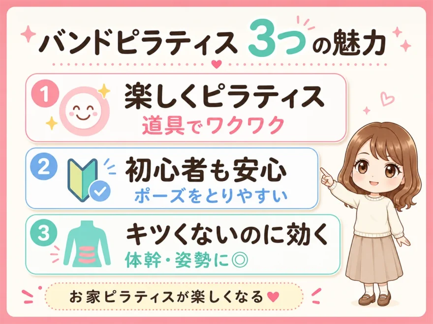 「バンドピラティス3つの魅力」として楽しくピラティス・初心者も安心・キツくないのに効くの3点を女性キャラクター付きで紹介するリード用図解