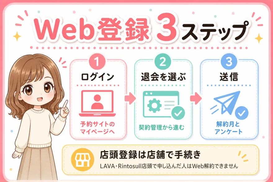 「Web登録3ステップ」としてログイン・退会を選ぶ・送信の手順をまとめた女性のイラスト付き図解